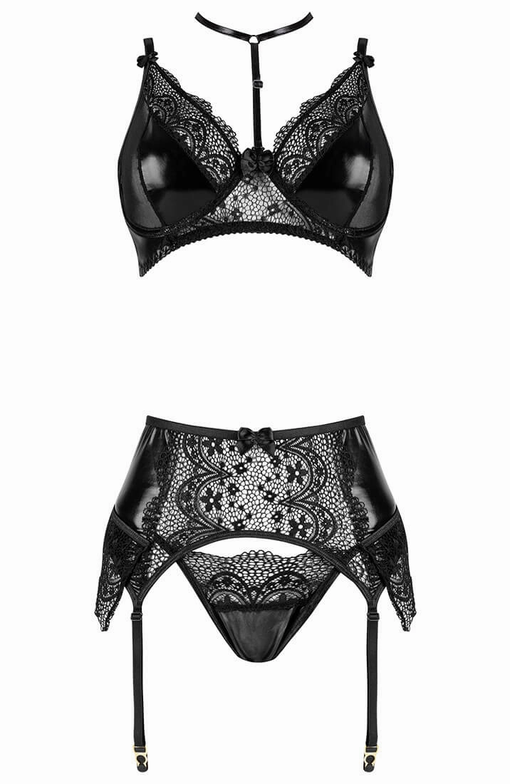 Black 3 pc lingerie set with choker - A Little Tease