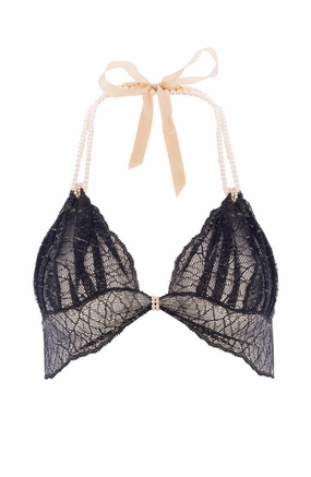Black bralette with white pearl strand - Sydney Bra