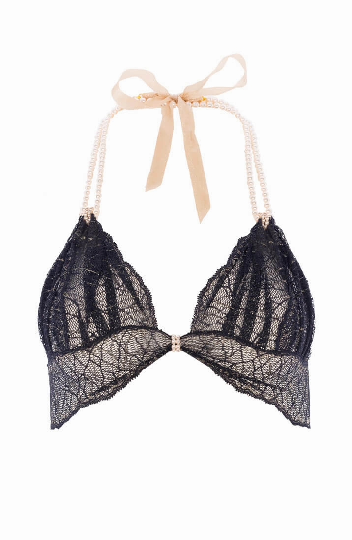 Black bralette with white pearl strand - Sydney Bra