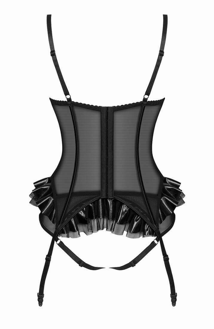 Black crotchless wet look X lace bustier set - Renée