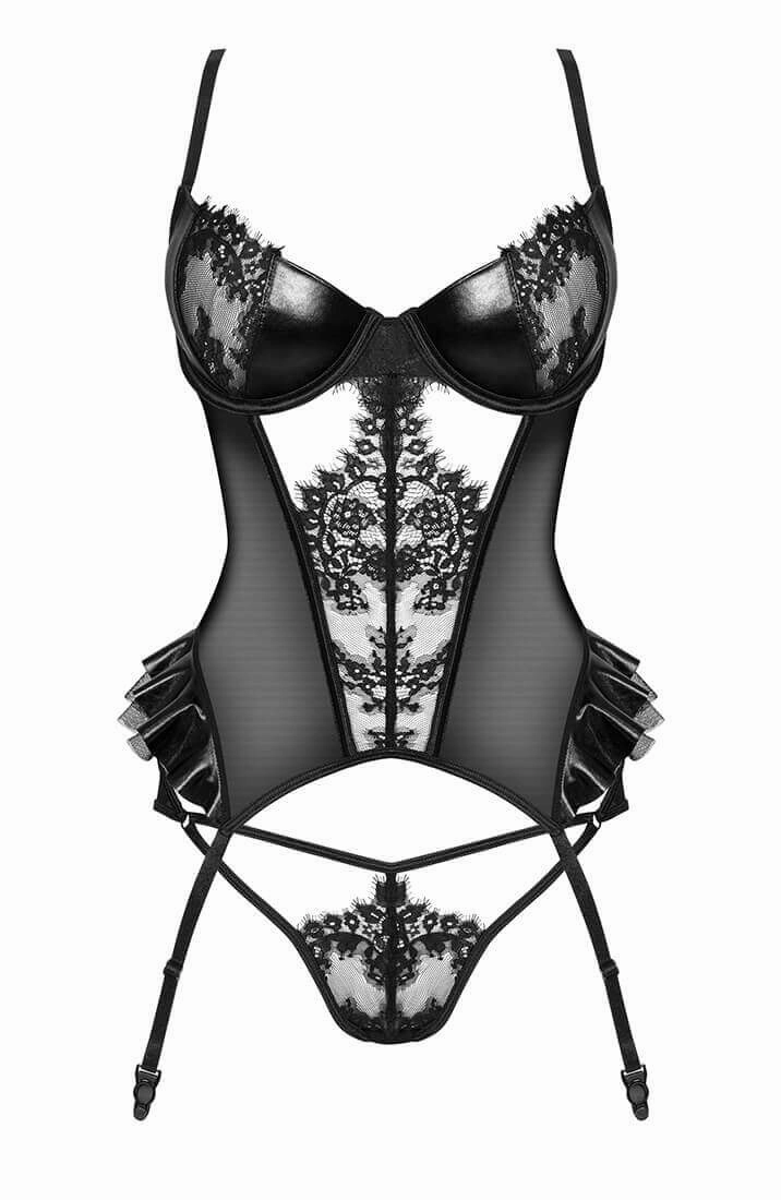 Black crotchless wet look X lace bustier set - Renée