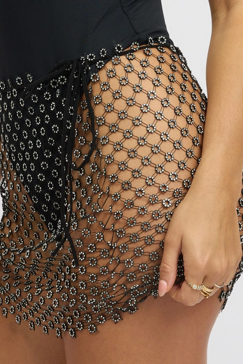 Black Rhinestone Fishnet Festival Mini Skirt