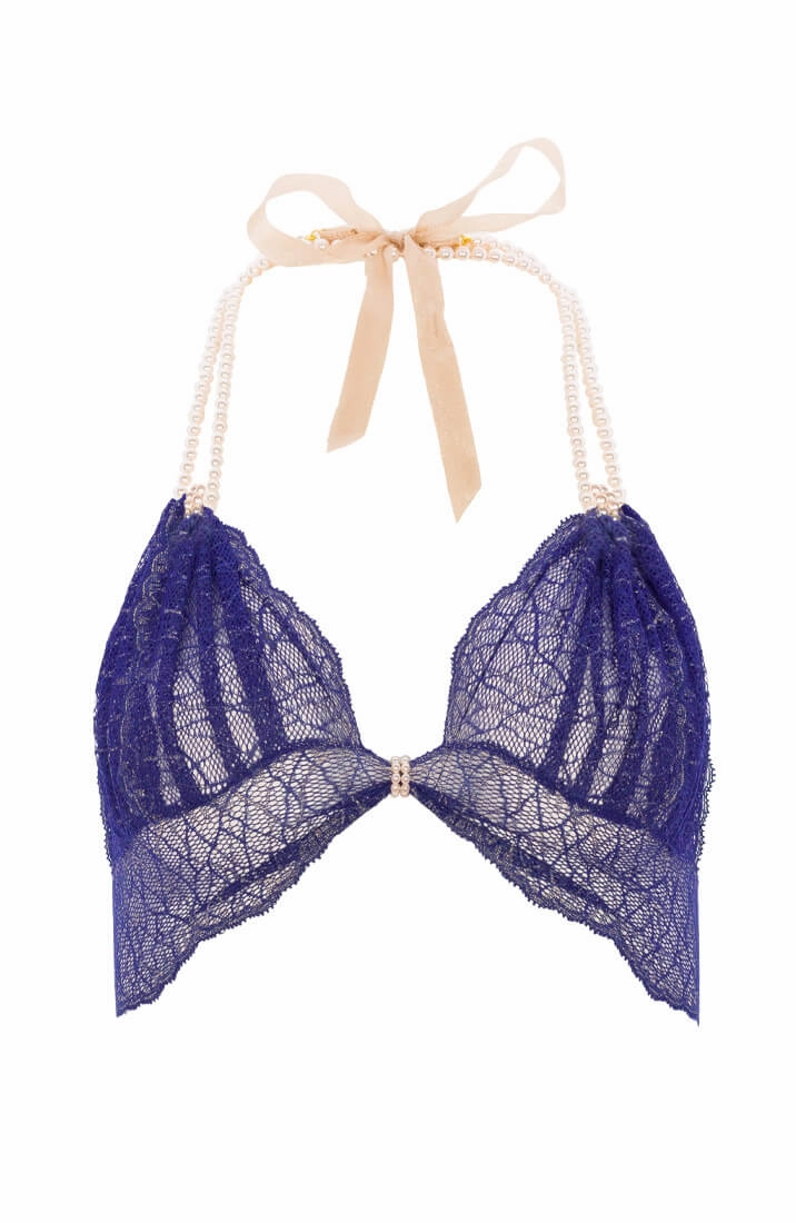 Blue bralette with white pearl strand - Sydney Bra