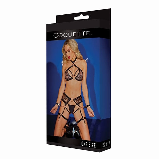 Coquette - Label Strappy Detail Halter Top with Crotchless Panty Garters and Restraints Costume O/S (Black)