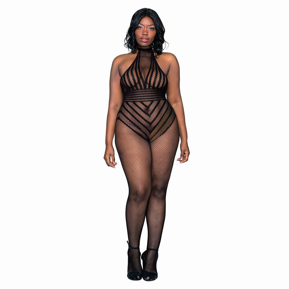 Dreamgirl Lingerie Open Crotch Fishnet Bodystocking with Halter Neck Black 0402X