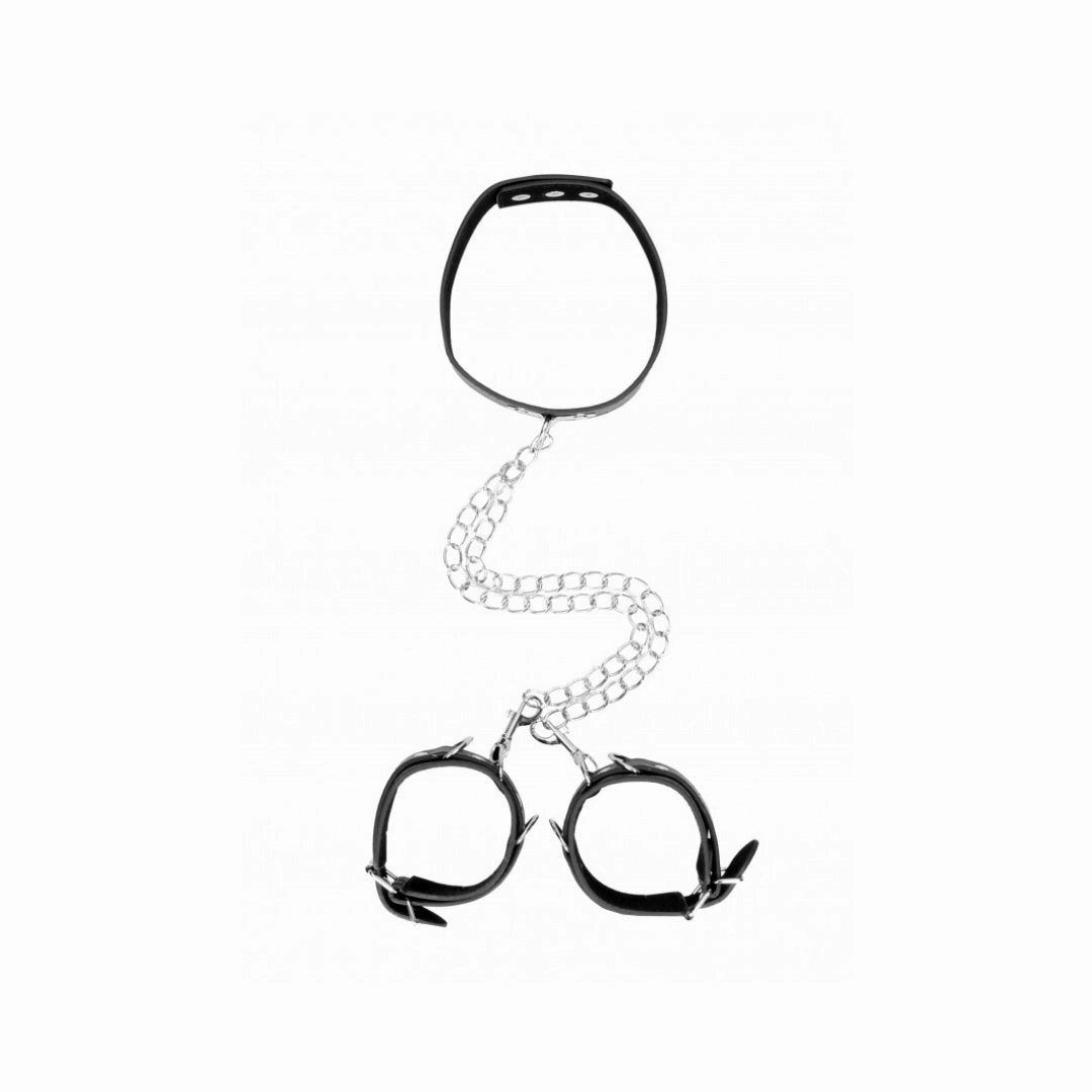 Ouch! Bonded Leather Collar With Hand Cuffs
