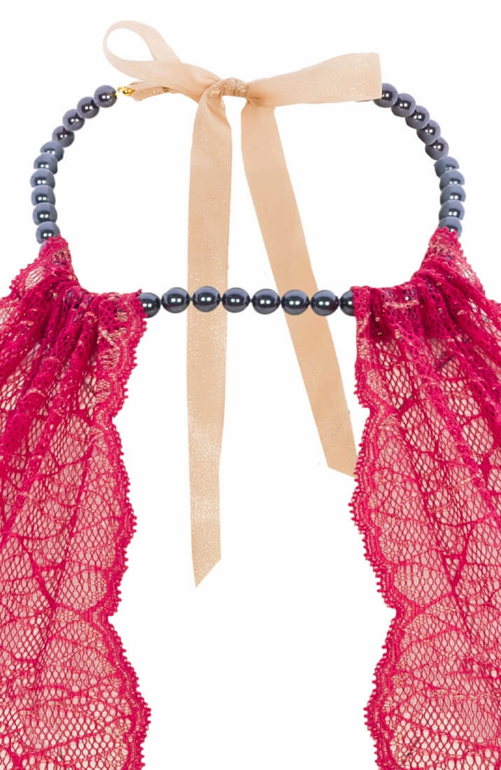 Red bustier bralette with pearl strand - Sydney Dark Bralette